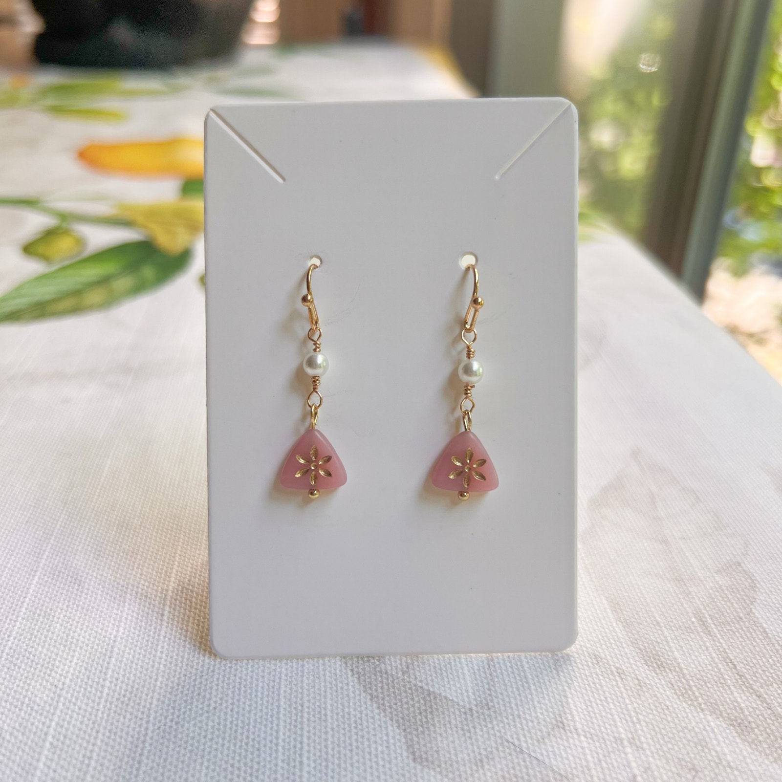 Pink Floral Triangle Shape Czech Glass Pearl Flower Dainty Cottagecore Earrings